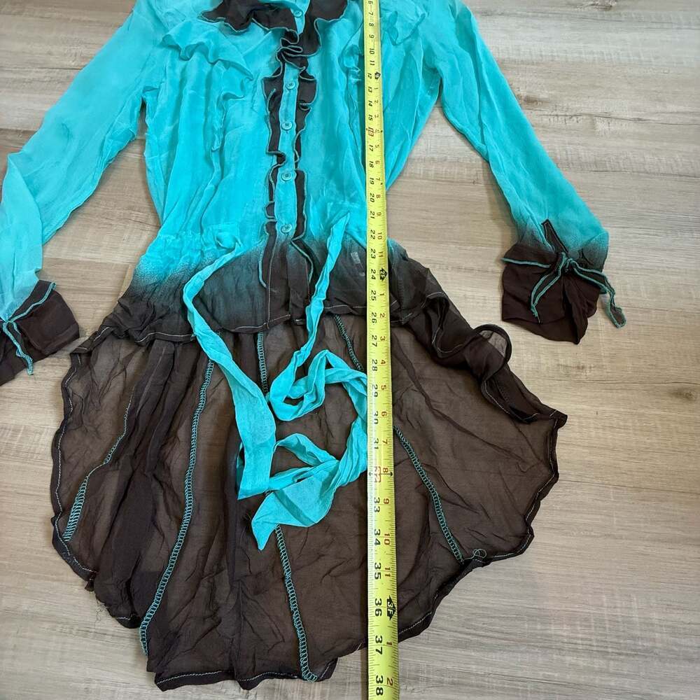 Vintage Silk Sonia Fortuna Turquoise Brown Ombre Ruffle Tunic Blouse Size Small - Picture 2 of 6